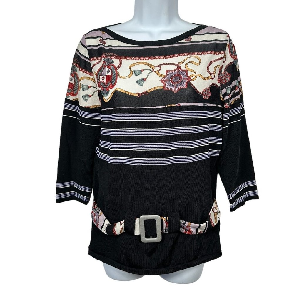 Feratelli Womens Medium Blouse‎ Belted Art Stretch Black 3/4 Sleeves Striped